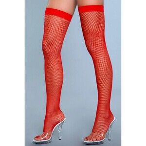 Be Wicked Red Nylon Fishnet Thigh Highs Stockings with Banded Top, One Size